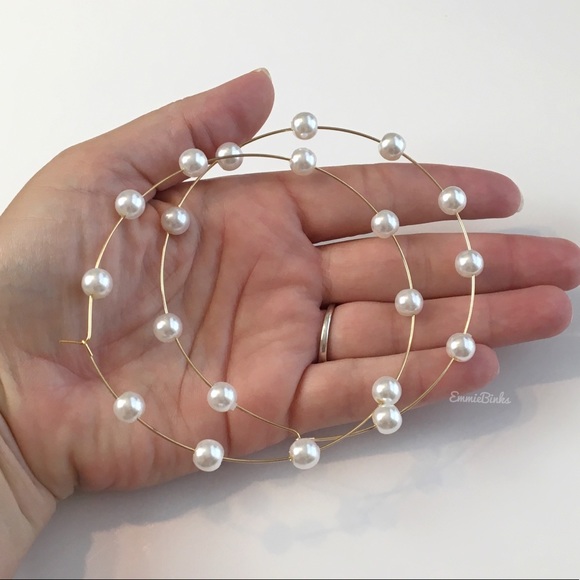 New Zara Large Threader Hoop Statement Earrings ~ Boho Pearl Accents ~ Hoops - Picture 3 of 14